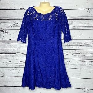 Eliza J Size 14 Blue Floral Lace Overlay Elbow Sleeve Fit & Flare Dress